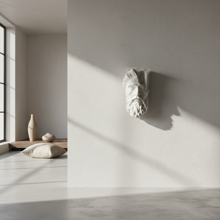 Boho tarzı bir oturma alanında duvara asılmış Zeus büstü – antik güç ve modern minimalizmin birleşimi. / Zeus wall bust in a boho living space – fusion of ancient Greek power and modern minimalist interior design, handmade by ArkeoArt.a