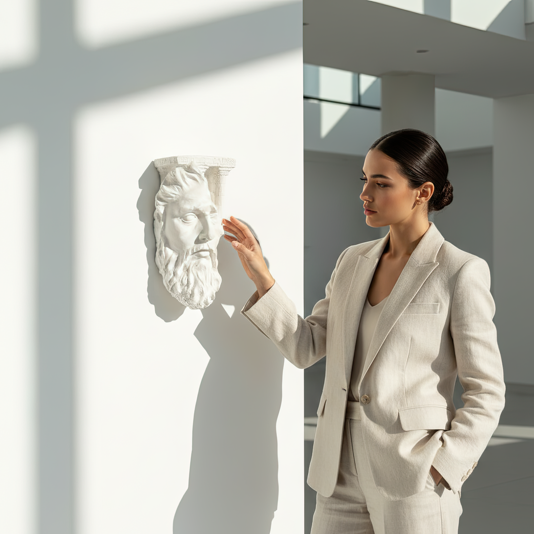Kadın figürü yanında asılı duran Zeus büstü – duvar üzerindeki ölçekli görünümüyle mekâna anıtsal etki kazandırır. / Zeus wall bust displayed beside a standing woman – conveys grand presence and scale in interior design, Greek god wall sculpture by ArkeoArt.
