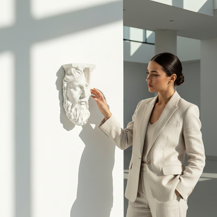 Kadın figürü yanında asılı duran Zeus büstü – duvar üzerindeki ölçekli görünümüyle mekâna anıtsal etki kazandırır. / Zeus wall bust displayed beside a standing woman – conveys grand presence and scale in interior design, Greek god wall sculpture by ArkeoArt.