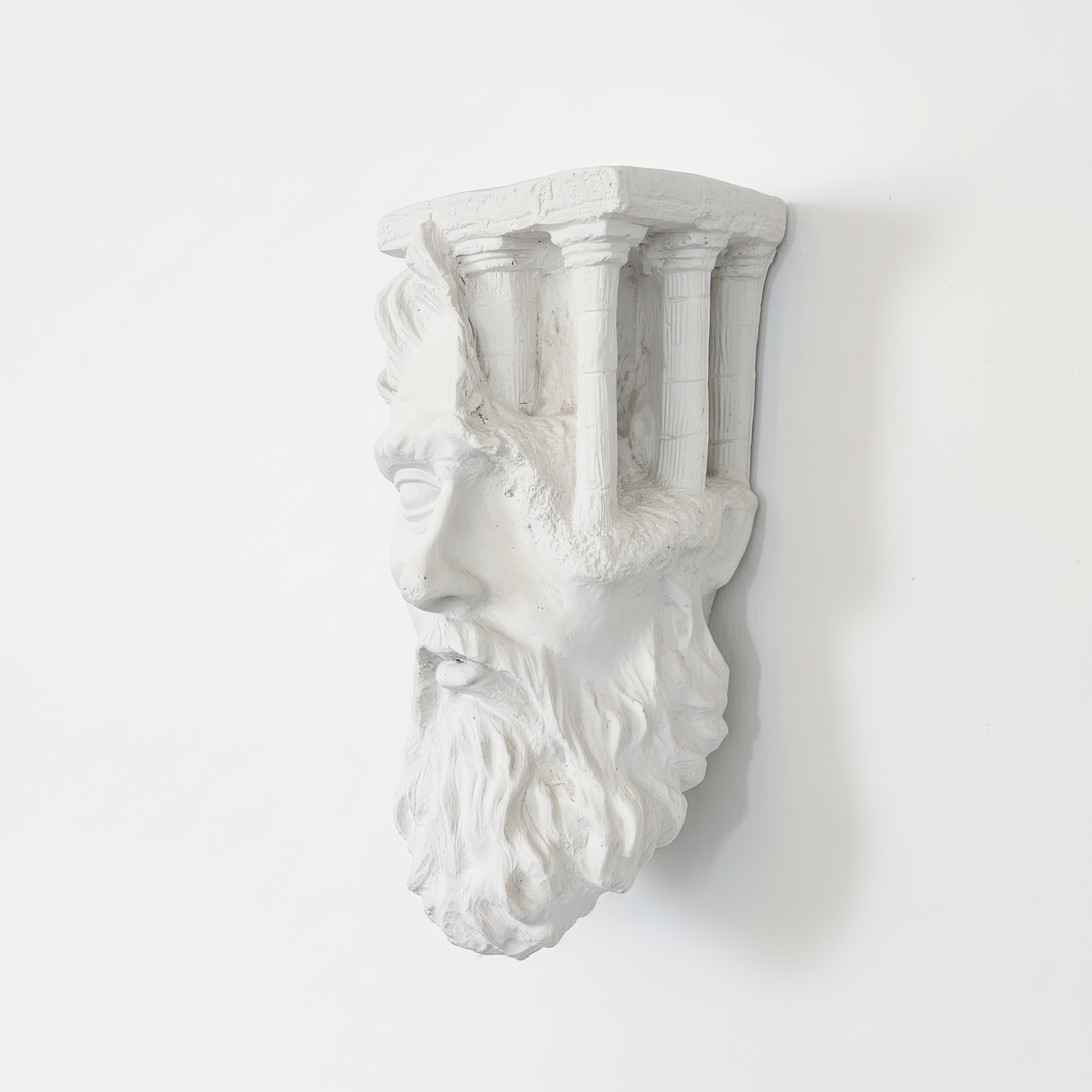 Zeus büstünün yüz ve sakal detaylarına odaklı yakın plan görüntü – yüksek çözünürlüklü klasik sanat dokusu. / Close-up of Zeus bust facial and beard details – high-resolution classical sculpture texture, museum-grade resin wall art, Greek mythology home accent.