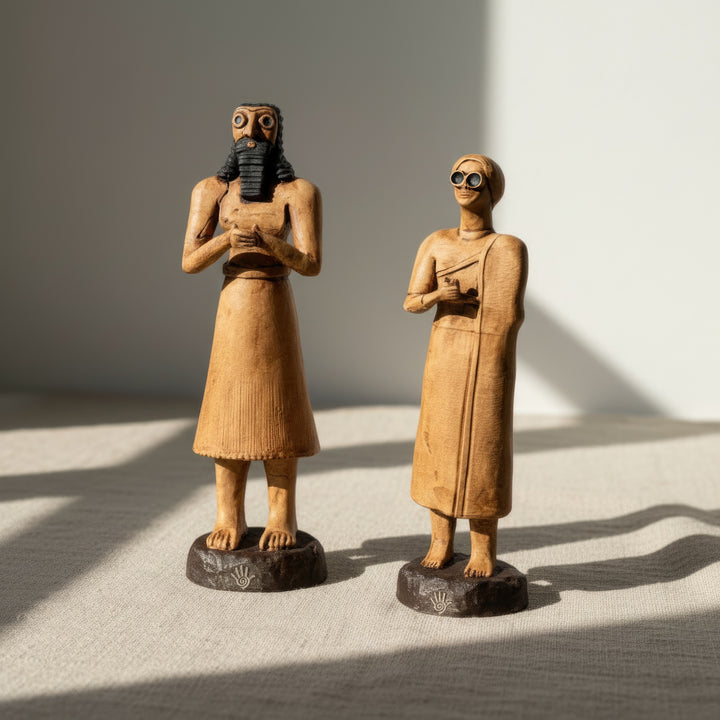 “Sumerian votive king and high priestess figurines displayed together under soft light — handmade Tell Asmar replicas symbolizing divine balance and ancient worship.”
TR:
“Yumuşak ışık altında birlikte sergilenen Sümer tapınan kral ve yüksek rahibe figürleri — ilahi dengeyi ve antik ibadeti simgeleyen el yapımı Tell Asmar replikaları.”