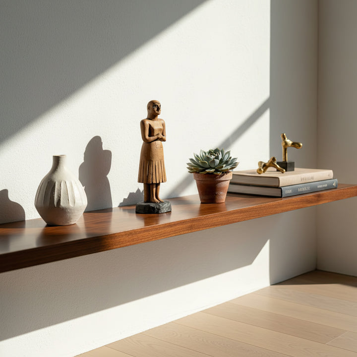 : “Bald Sumerian worshipper figurine placed on a wooden desk beside a book and cup — a handmade Mesopotamian art piece blending ancient spirituality with modern home decor.”
TR: “Bir kitap ve kupa yanında ahşap masa üzerinde sergilenen kel Sümer tapınan figürü — antik maneviyatı modern ev dekoruyla birleştiren el yapımı Mezopotamya sanatı.”