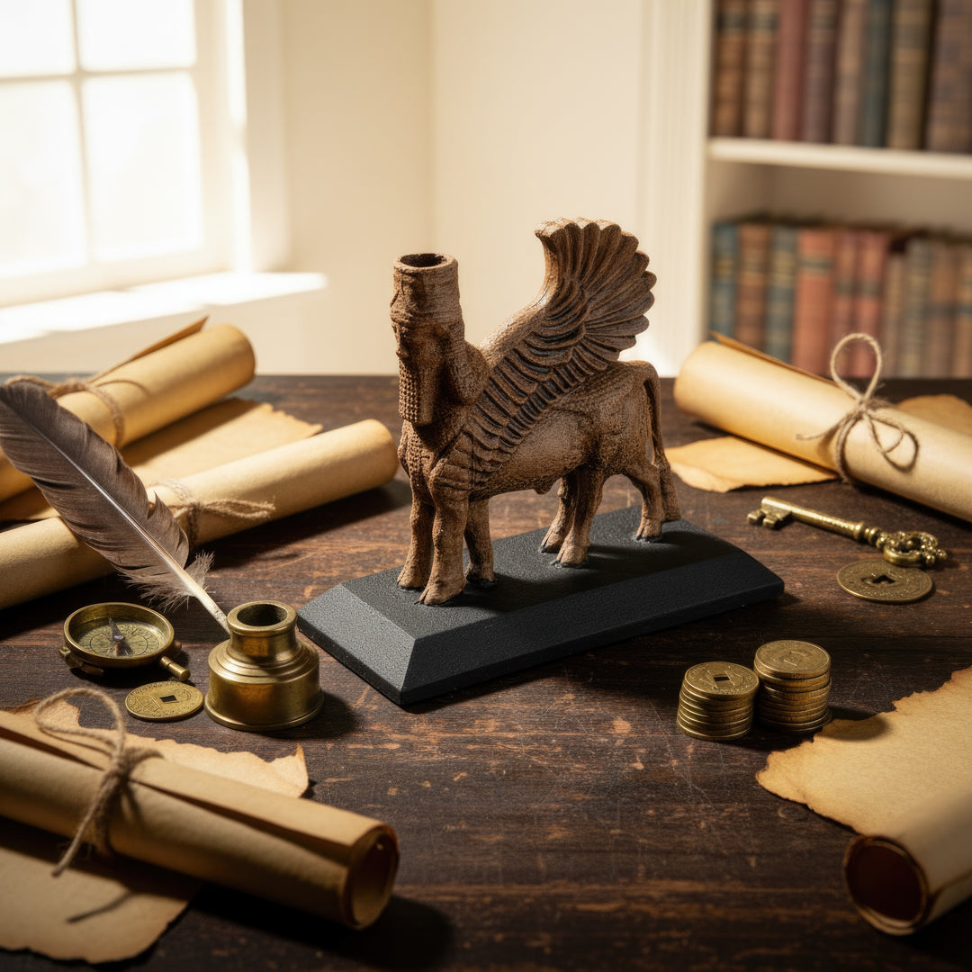 Asur Lamassu heykeli, antik Mezopotamya dönemine ait objelerle birlikte sergilenmiş — çivi yazılı tablet replikası, bronz kaseler ve papirüs rulolarıyla tarihsel bir atmosfer oluşturur. El yapımı bu müze kalitesindeki heykel, antik uygarlıkların koruyucu tanrısını temsil eder. / Assyrian Lamassu statue displayed alongside period-inspired Mesopotamian artifacts — cuneiform tablets, bronze bowls, and papyrus scrolls evoke ancient temple ambiance. Handmade museum-quality guardian deity sculpture by ArkeoArt, p